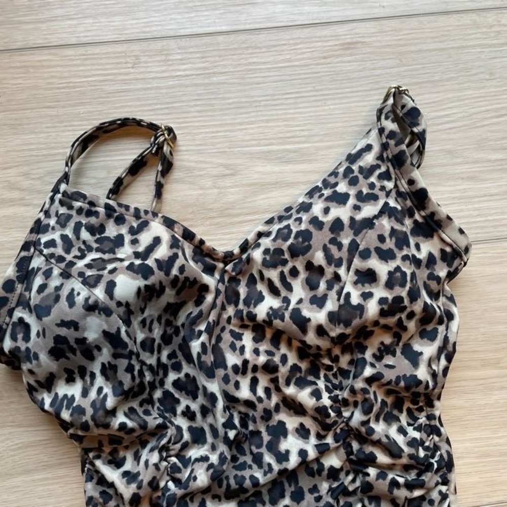 Aqua Green Leopard Print One Piece Swimsuit Medium Brown Black Ruched 677407